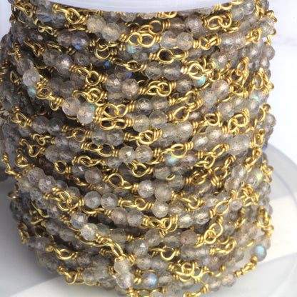 Blue Labradorite 2.5mm Faceted Rounds Double Rosary Chain Sterling Silver with Gold Plating Wire Wrap Chain by the Foot