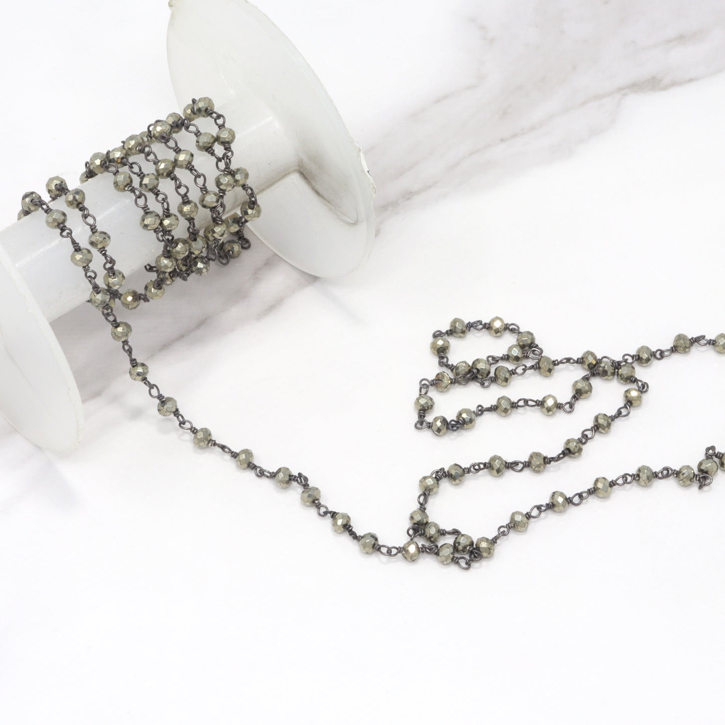 Natural Pyrite 4mm Faceted Rondelles Rosary Chain Sterling Silver with Black Rhodium Plating Wire Wrap Chain by the Foot
