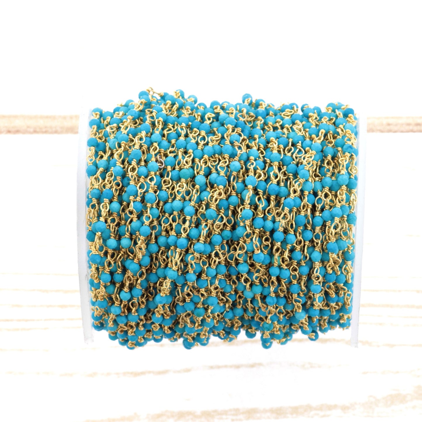 Blue Turquoise (R) 2.5mm Faceted Rounds Rosary Chain Sterling Silver with Gold Plating Wire Wrap Chain by the Foot