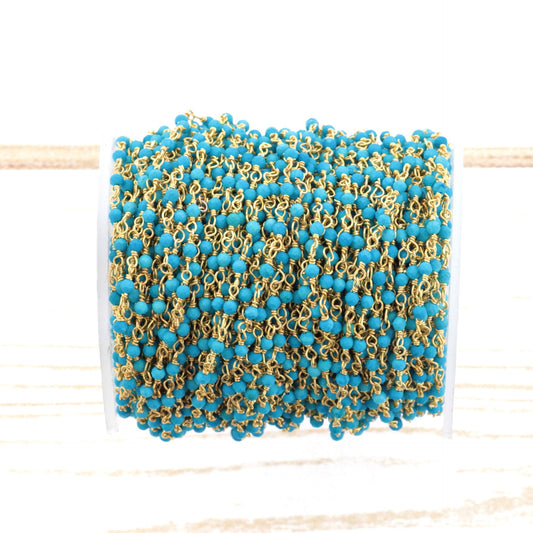 Blue Turquoise (R) 2.5mm Faceted Rounds Rosary Chain Sterling Silver with Gold Plating Wire Wrap Chain by the Foot