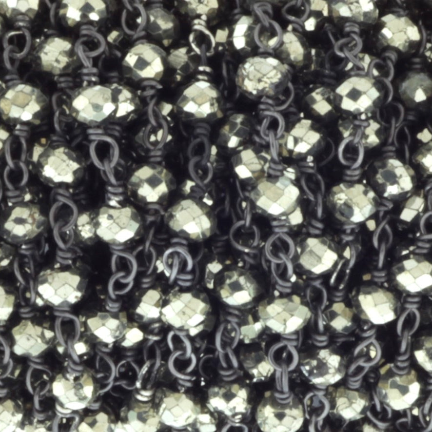 Natural Pyrite 4mm Faceted Rondelles Rosary Chain Sterling Silver with Black Rhodium Plating Wire Wrap Chain by the Foot