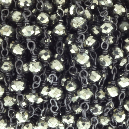 Natural Pyrite 4mm Faceted Rondelles Rosary Chain Sterling Silver with Black Rhodium Plating Wire Wrap Chain by the Foot