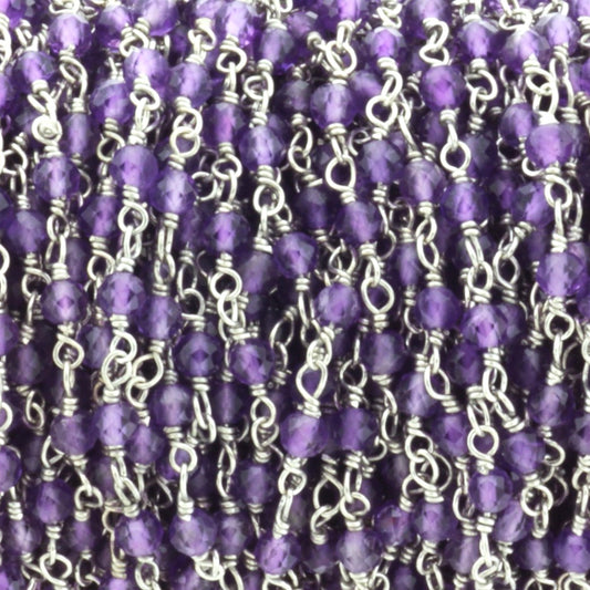 Purple Amethyst 2.5mm Faceted Rounds Rosary Chain Sterling Silver Wire Wrap Chain by the Foot
