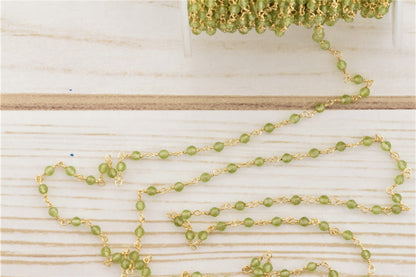 Green Peridot 3mm Faceted Rounds Rosary Chain Sterling Silver with Gold Plating Wire Wrap Chain by the Foot