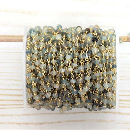 Moss Aquamarine 4mm Faceted Rondelles Rosary Chain Sterling Silver with Gold Plating Wire Wrap Chain by the Foot