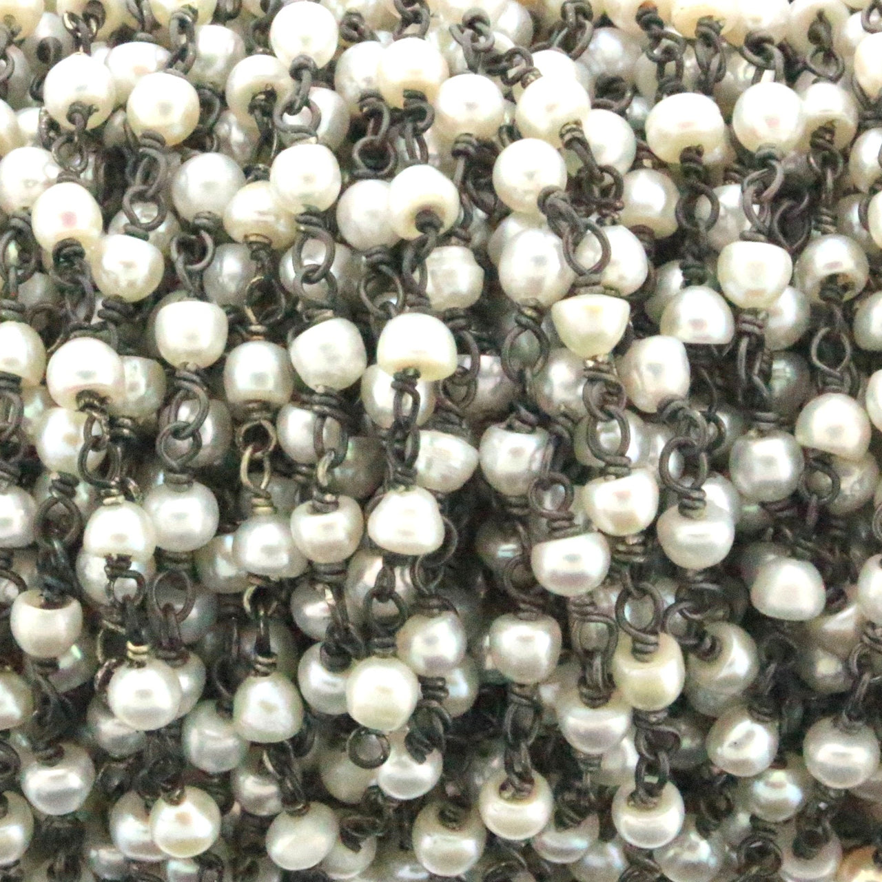 White Freshwater Pearl 3mm Smooth Rondelles Rosary Chain Sterling Silver with Black Rhodium Plating Wire Wrap Chain by the Foot