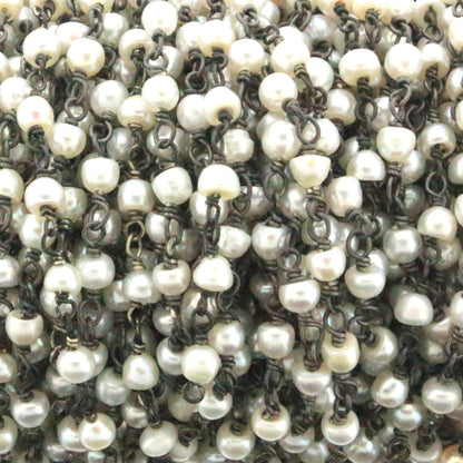 White Freshwater Pearl 3mm Smooth Rondelles Rosary Chain Sterling Silver with Black Rhodium Plating Wire Wrap Chain by the Foot