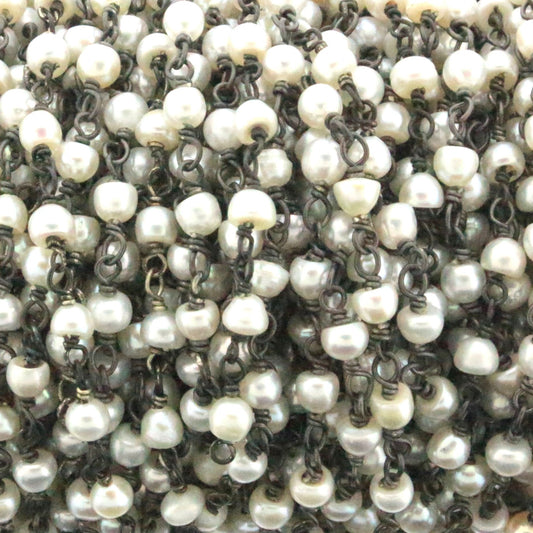White Freshwater Pearl 3mm Smooth Rondelles Rosary Chain Sterling Silver with Black Rhodium Plating Wire Wrap Chain by the Foot