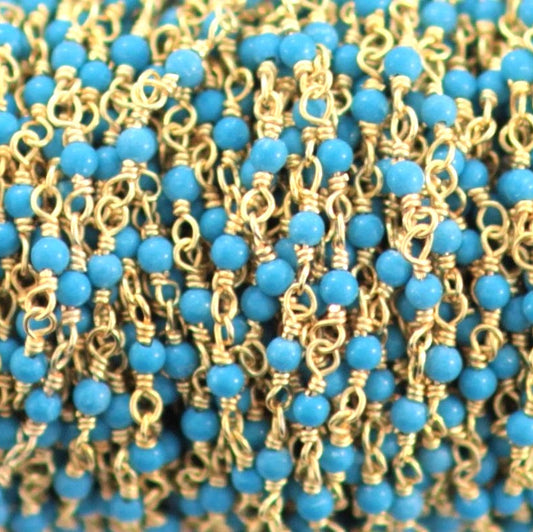 Blue Turquoise (R) 2mm Smooth Rounds Rosary Chain Sterling Silver with Gold Plating Wire Wrap Chain by the Foot