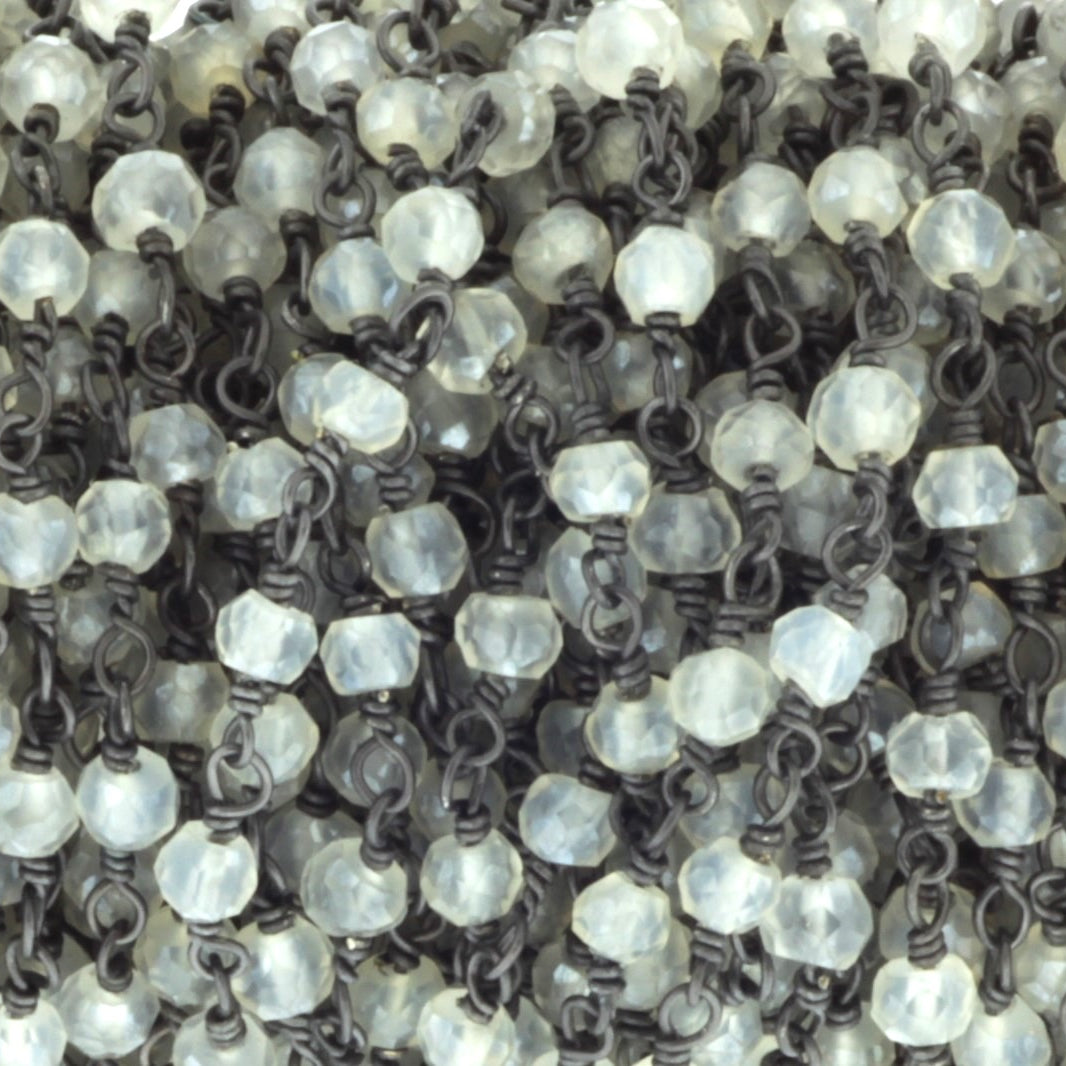 White Moonstone 3.5mm Faceted Rondelles Rosary Chain Sterling Silver with Black Rhodium Plating Wire Wrap Chain by the Foot