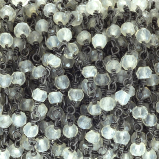 White Moonstone 3.5mm Faceted Rondelles Rosary Chain Sterling Silver with Black Rhodium Plating Wire Wrap Chain by the Foot