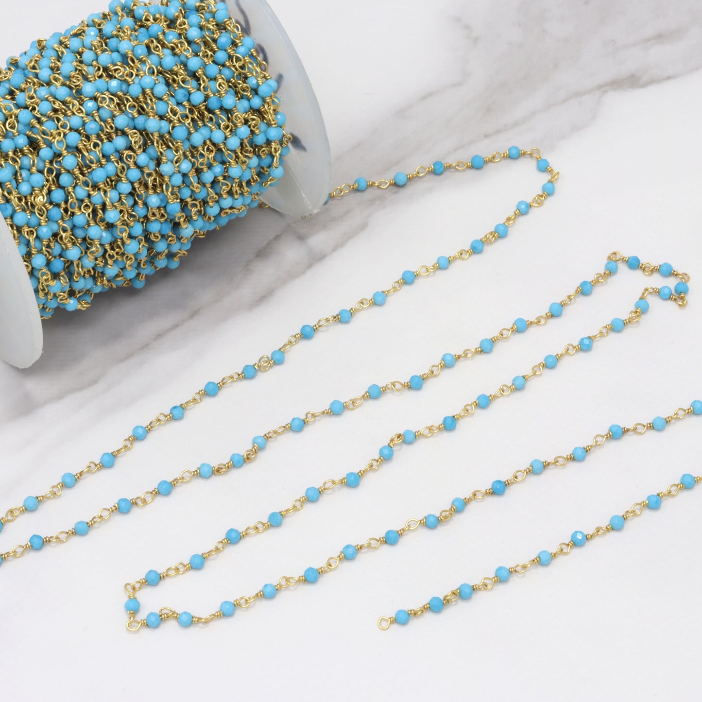 Blue Turquoise (R) 2.5mm Faceted Rounds Rosary Chain Sterling Silver with Gold Plating Wire Wrap Chain by the Foot