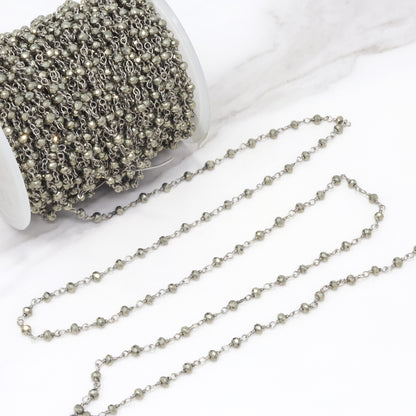 Natural Pyrite 3mm Faceted Rondelles Rosary Chain Sterling Silver Wire Wrap Chain by the Foot