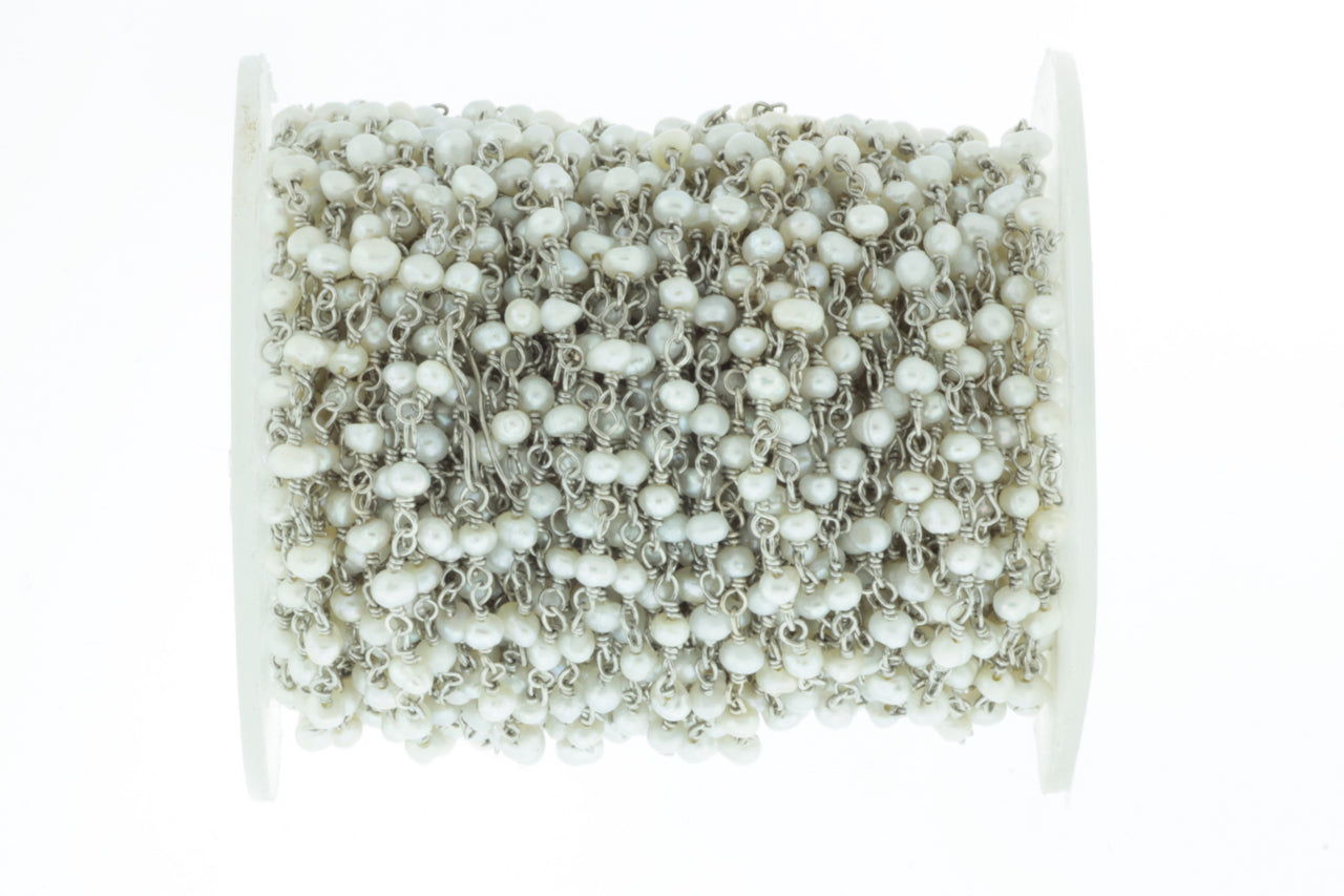 White Freshwater Pearl 3mm Smooth Rondelles Rosary Chain Sterling Silver Wire Wrap Chain by the Foot