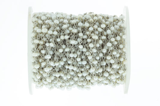 White Freshwater Pearl 3mm Smooth Rondelles Rosary Chain Sterling Silver Wire Wrap Chain by the Foot