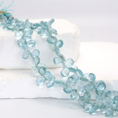 Blue Aquamarine 9x7mm Faceted Pear Shaped Briolettes Bead Strand