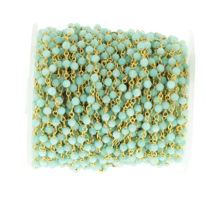 Blue Amazonite 3mm Faceted Rounds Rosary Chain Sterling Silver with Gold Plating Wire Wrap Chain by the Foot
