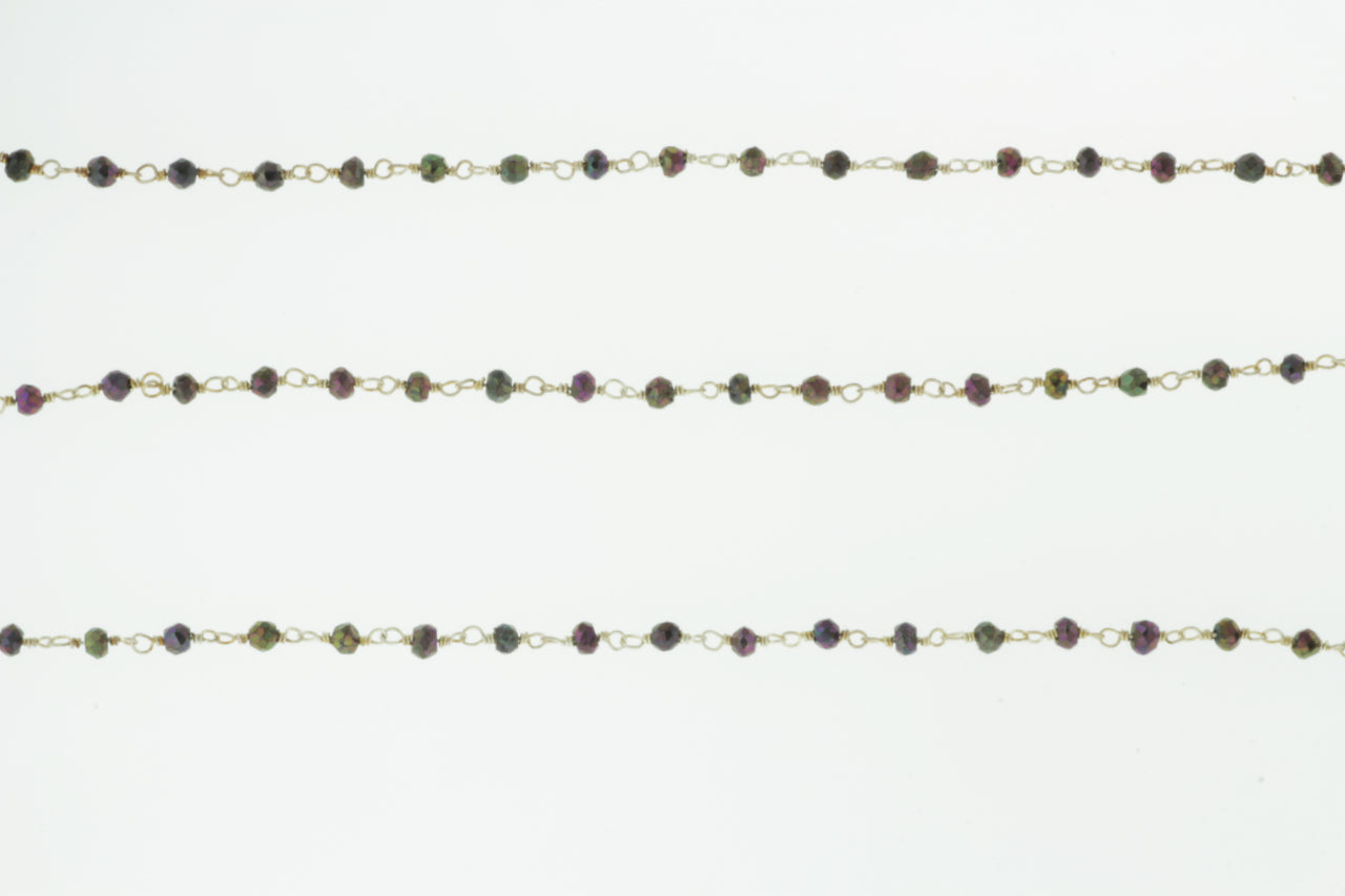 Purple Coated Black Spinel 3mm Faceted Rondelles Rosary Chain Sterling Silver Wire Wrap Chain by the Foot