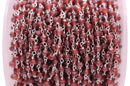 Red Garnet 3.5mm Faceted Rondelles Rosary Chain Sterling Silver Wire Wrap Chain by the Foot