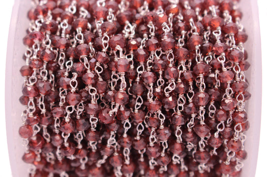 Red Garnet 3.5mm Faceted Rondelles Rosary Chain Sterling Silver Wire Wrap Chain by the Foot