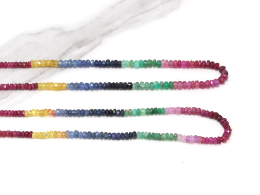 Rainbow Multi Ruby, Emerald, and Sapphire 3mm – 4mm Hand Faceted Rondelles Bead Strand