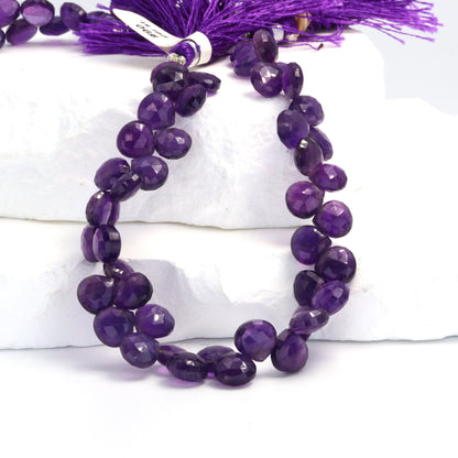 Deep Purple Amethyst 8mm Faceted Heart Shaped Briolettes Bead Strand