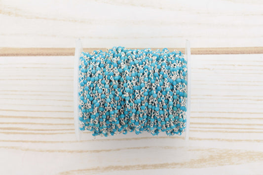 Blue Turquoise (R) 2.5mm Faceted Rounds Rosary Chain Sterling Silver Wire Wrap Chain by the Foot