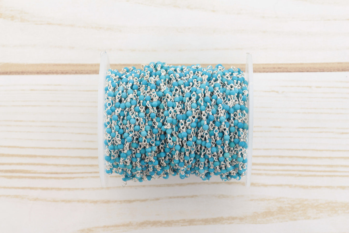 Blue Turquoise (R) 2.5mm Faceted Rounds Rosary Chain Sterling Silver Wire Wrap Chain by the Foot