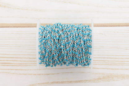 Blue Turquoise (R) 2.5mm Faceted Rounds Rosary Chain Sterling Silver Wire Wrap Chain by the Foot