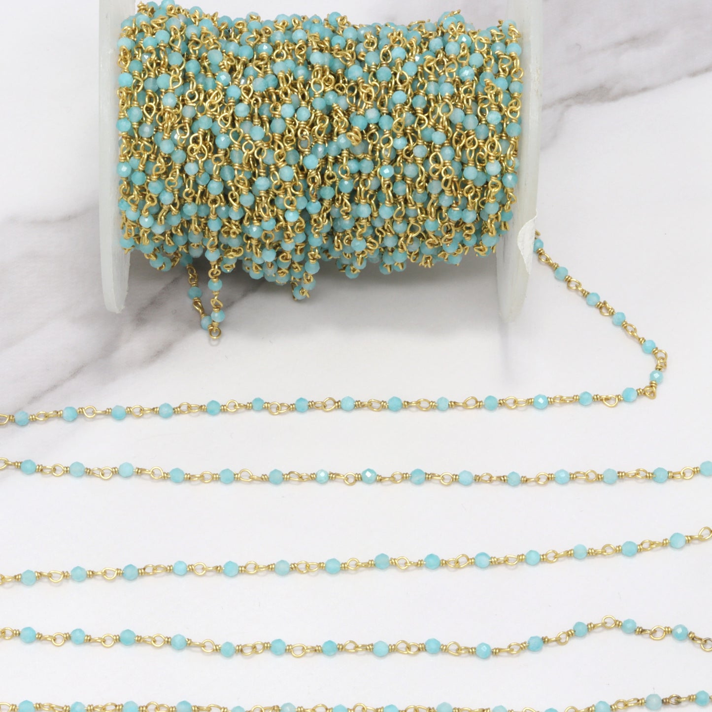Blue Amazonite 2mm Faceted Rounds Rosary Chain Sterling Silver with Gold Plating Wire Wrap Chain by the Foot