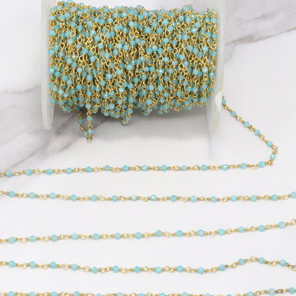 Blue Amazonite 2mm Faceted Rounds Rosary Chain Sterling Silver with Gold Plating Wire Wrap Chain by the Foot