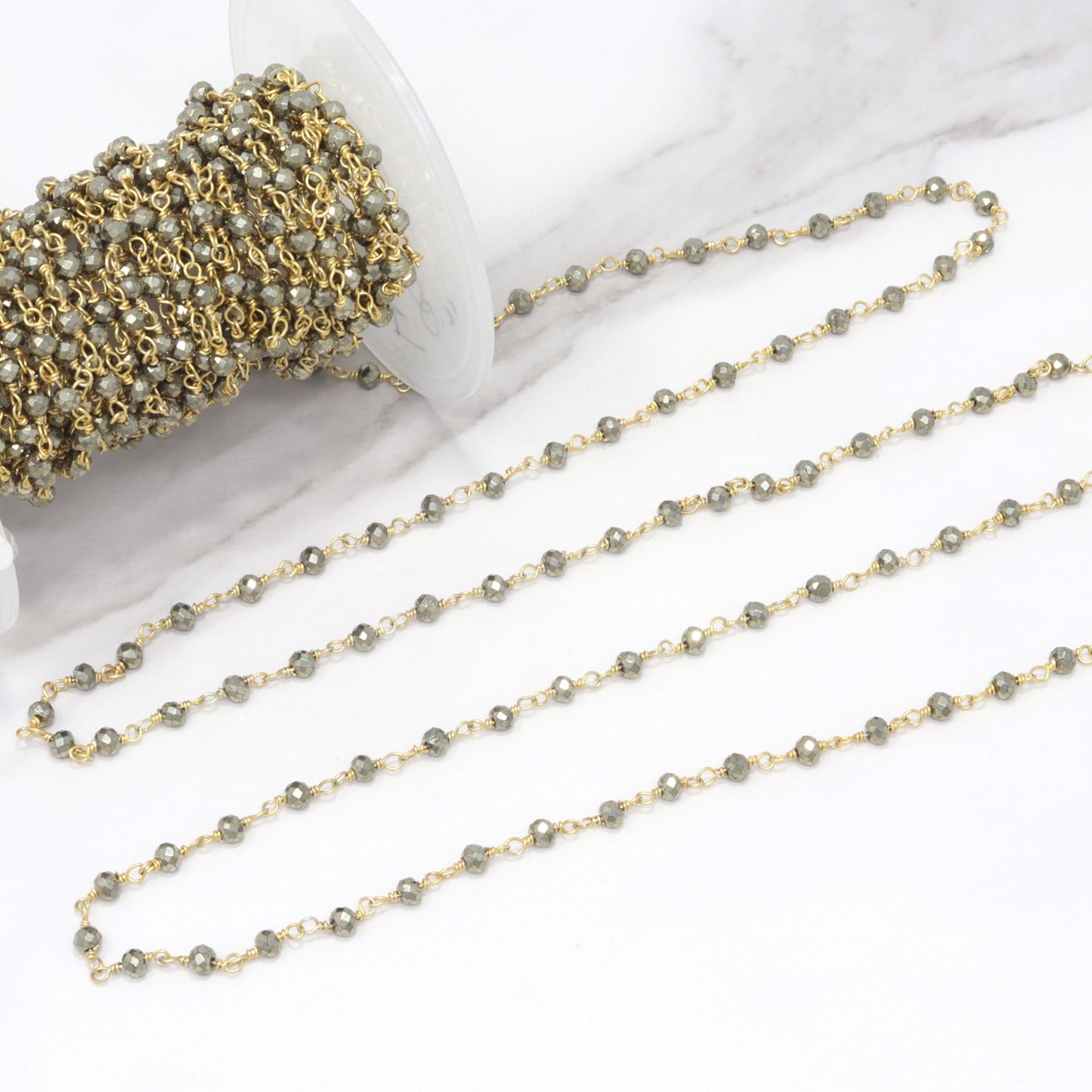 Natural Pyrite 3mm Faceted Rondelles Rosary Chain Sterling Silver with Gold Plating Wire Wrap Chain by the Foot