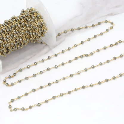 Natural Pyrite 3mm Faceted Rondelles Rosary Chain Sterling Silver with Gold Plating Wire Wrap Chain by the Foot