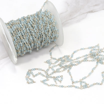 Blue Milky Aquamarine 2.5mm Faceted Rounds Double Bead Rosary Chain Sterling Silver Wire Wrap Chain by the Foot