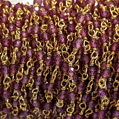 Rhodolite Garnet 2.5mm Faceted Rounds Rosary Chain Sterling Silver with Gold Plating Wire Wrap Chain by the Foot