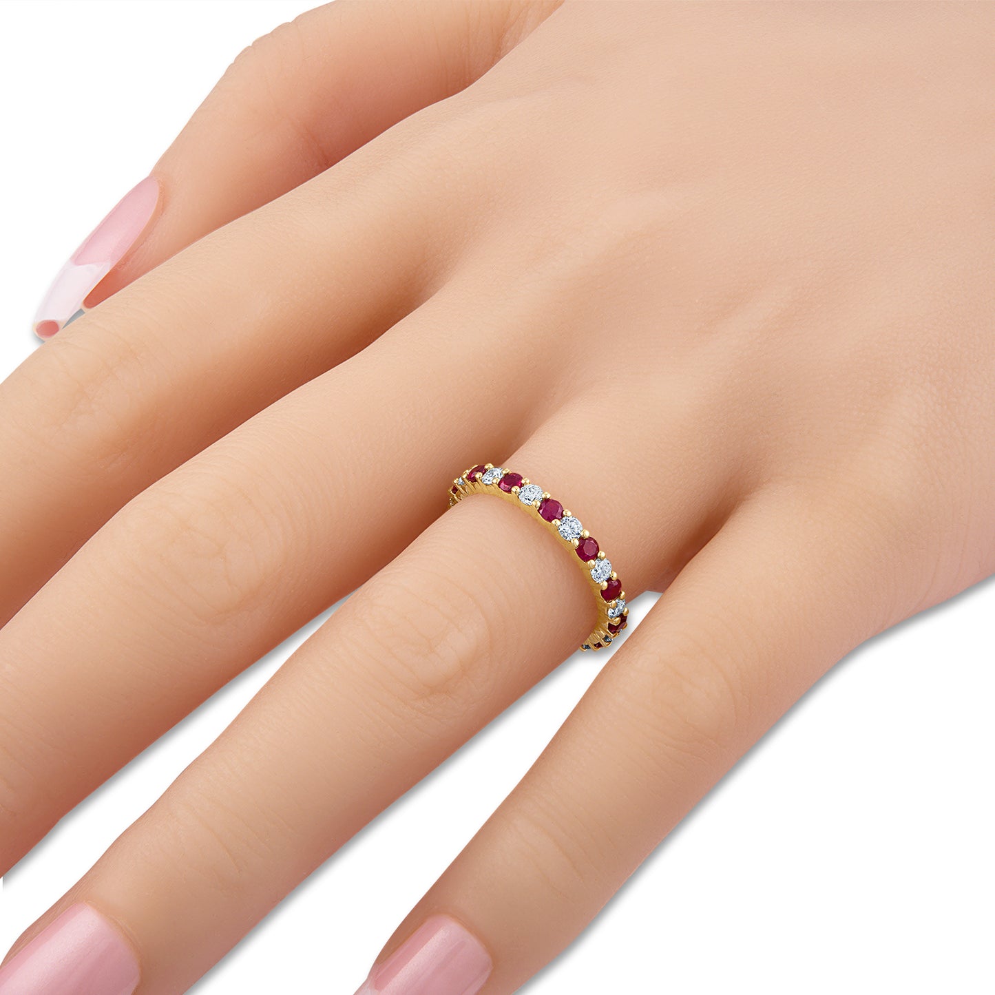 Shared Prong Ruby and White Diamond Eternity Band