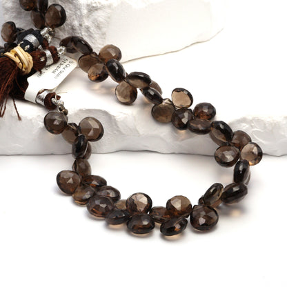 Brown Smoky Quartz 9mm Faceted Heart Shaped Briolettes Bead Strand