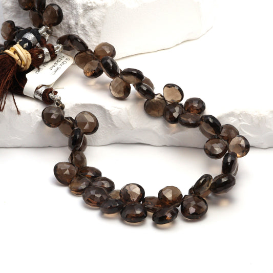 Brown Smoky Quartz 9mm Faceted Heart Shaped Briolettes Bead Strand