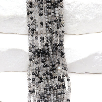 Black Tourmalinated Quartz 2mm Faceted Rounds