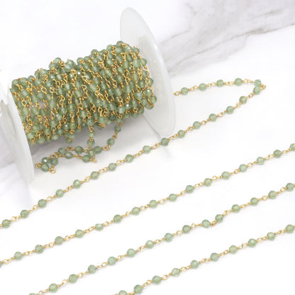 Green Apatite 3mm Faceted Rounds Rosary Chain Sterling Silver with Gold Plating Wire Wrap Chain by the Foot