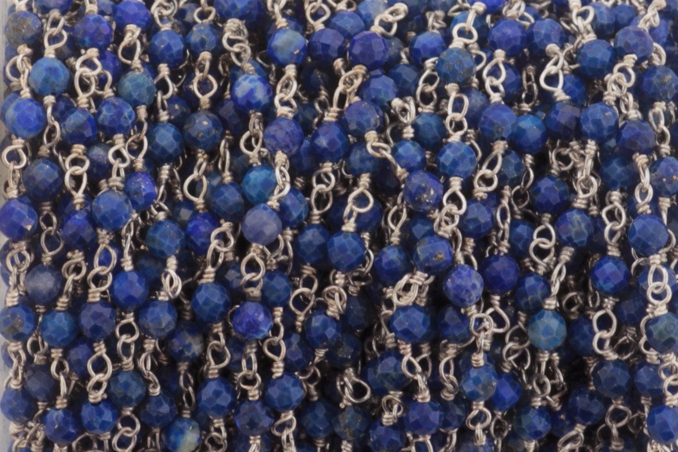 Royal Blue Lapis Lazuli 3mm Faceted Rondelles Rosary Chain Sterling Silver Wire Wrap Chain by the Foot