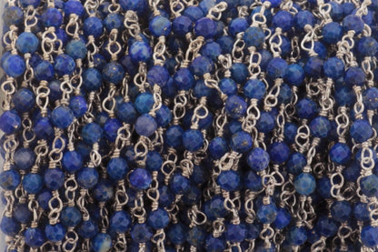 Royal Blue Lapis Lazuli 3mm Faceted Rondelles Rosary Chain Sterling Silver Wire Wrap Chain by the Foot