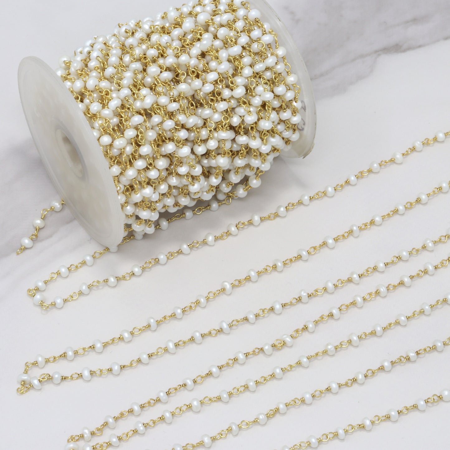 White Freshwater Pearl 3mm Smooth Rondelles Rosary Chain Sterling Silver with Gold Plating Wire Wrap Chain by the Foot