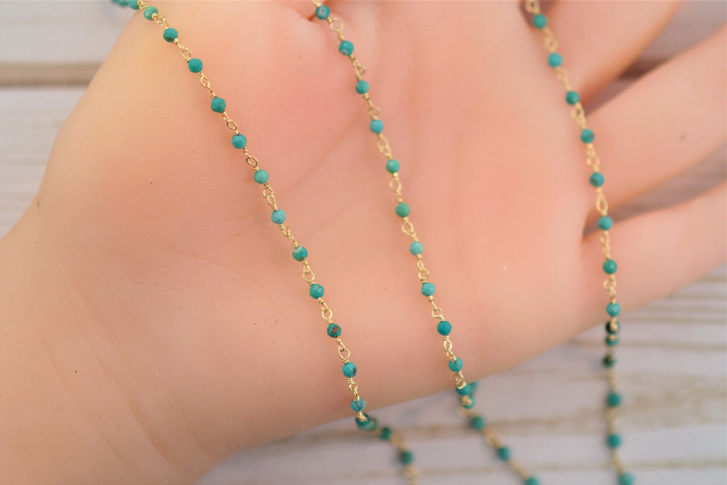 Natural Blue Turquoise 2.5mm Faceted Rounds Rosary Chain Sterling Silver with Gold Plating Wire Wrap Chain by the Foot