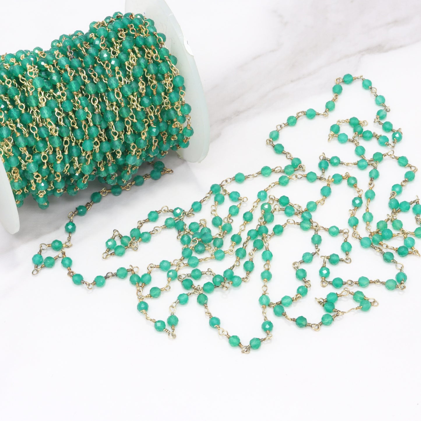 Green Onyx 3.5mm Faceted Rounds Rosary Chain Sterling Silver with Gold Plating Wire Wrap Chain by the Foot