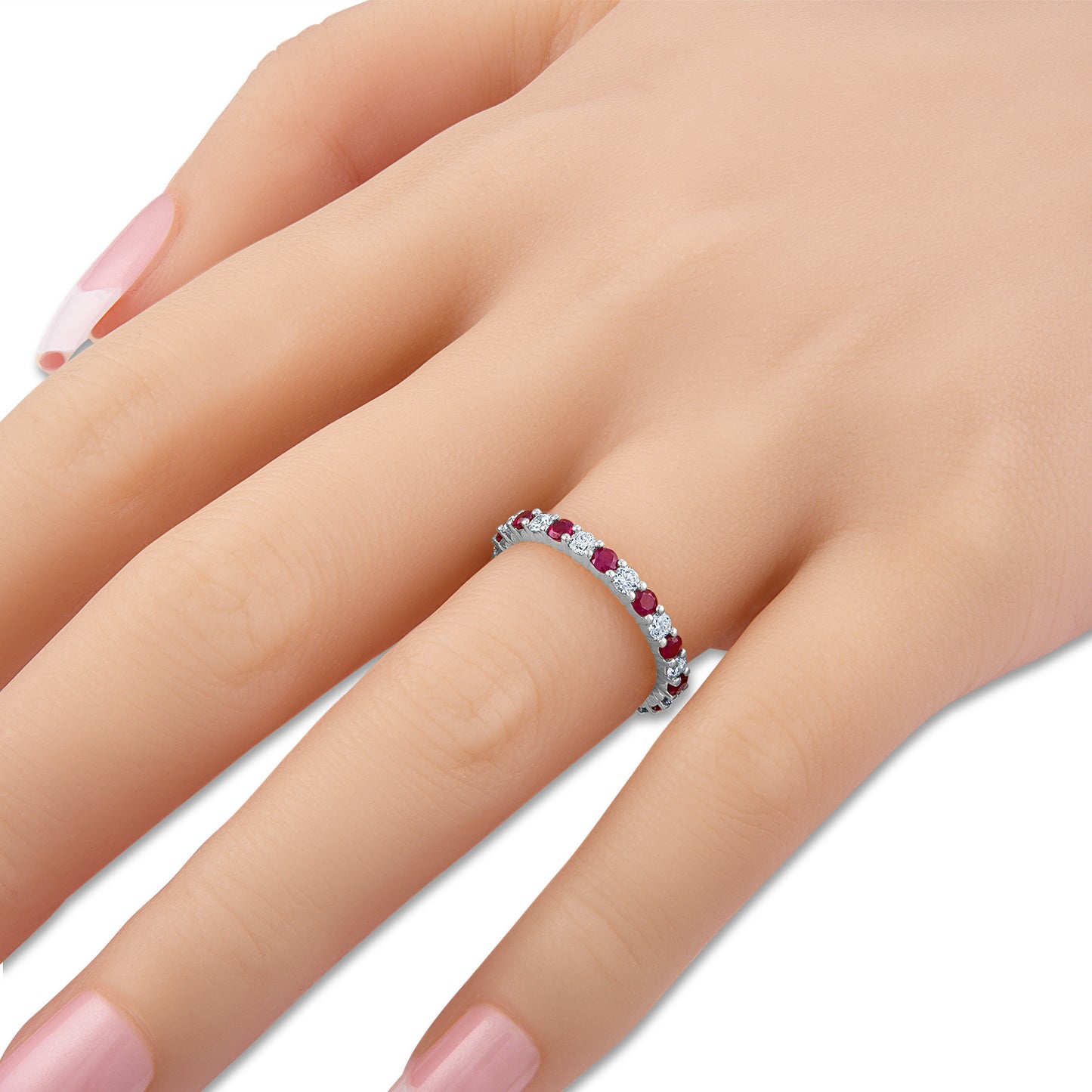 Shared Prong Ruby and White Diamond Eternity Band