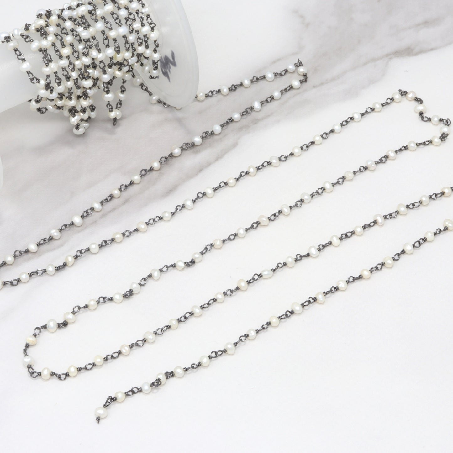 White Freshwater Pearl 3mm Smooth Rondelles Rosary Chain Sterling Silver with Black Rhodium Plating Wire Wrap Chain by the Foot
