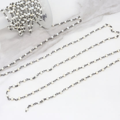 White Freshwater Pearl 3mm Smooth Rondelles Rosary Chain Sterling Silver with Black Rhodium Plating Wire Wrap Chain by the Foot