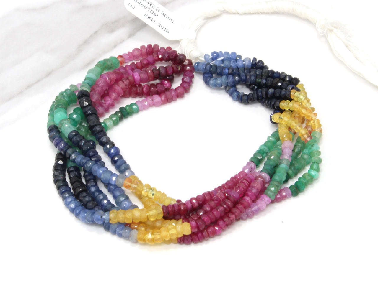 Rainbow Multi Ruby, Emerald, and Sapphire 3mm - 4mm Hand Faceted Rondelles Bead Strand
