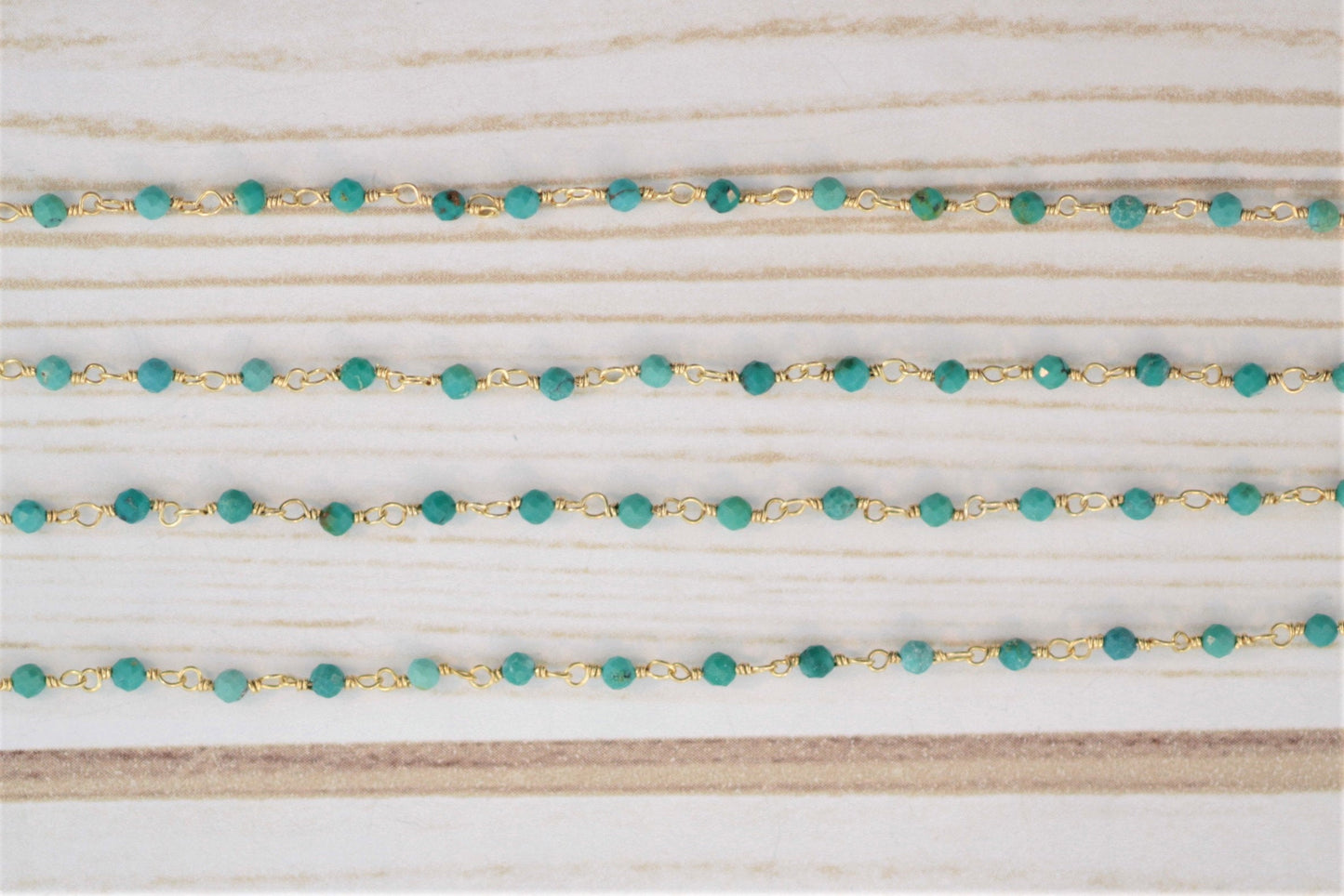 Natural Blue Turquoise 2.5mm Faceted Rounds Rosary Chain Sterling Silver with Gold Plating Wire Wrap Chain by the Foot